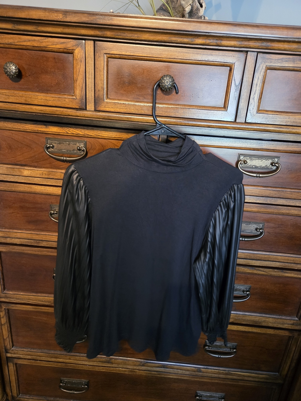G by Giuliana Black Mock Neck Top with Pleated Faux Leather Puff Sleeves